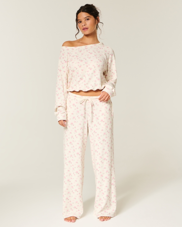 Gilly Hicks Baggy Cozy Waffle Pants, Cloud White Floral view 1