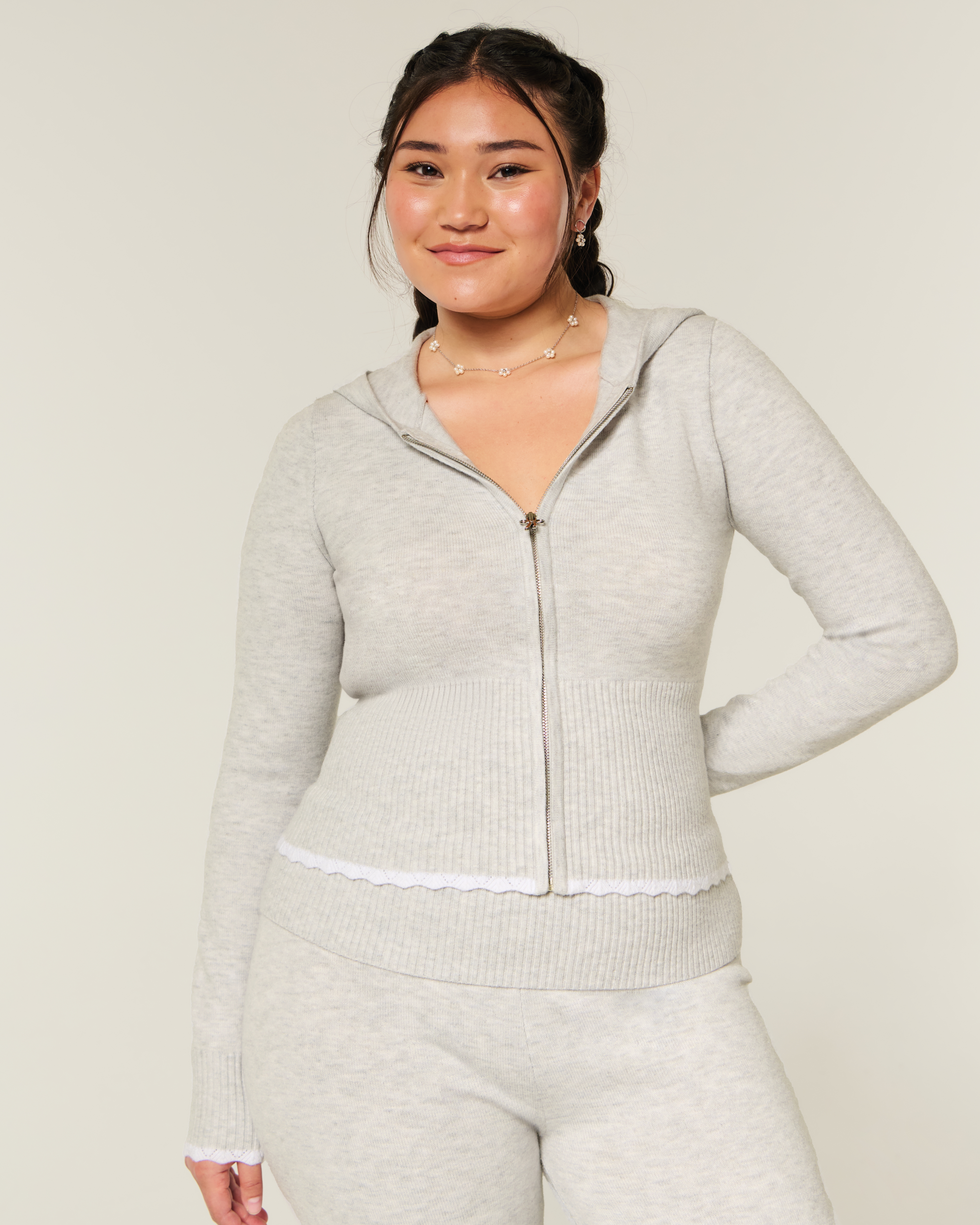Gilly Hicks Scalloped Hem Zip-Up Hoodie Sweater