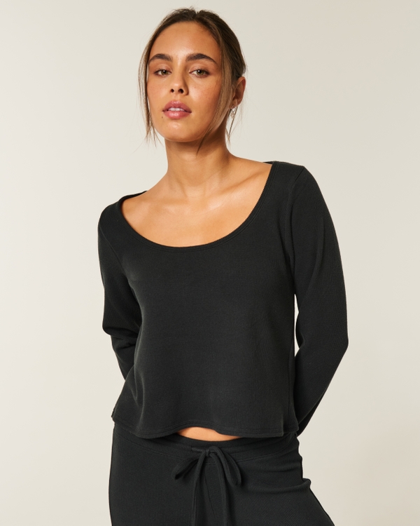 Gilly Hicks Cozy Waffle Long-Sleeve Scoop Top, Black view 1