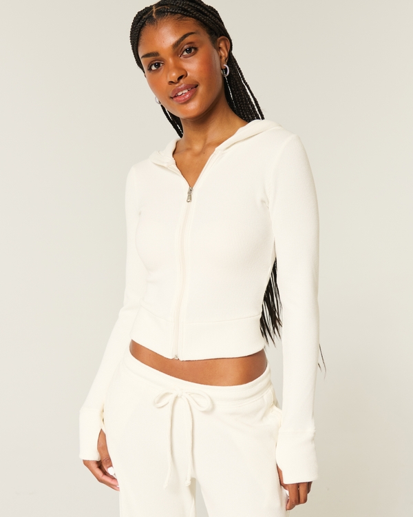 Sweat à capuche avec fermeture zippée en tissu gaufré Gilly Hicks, Blanc Nuage view 1