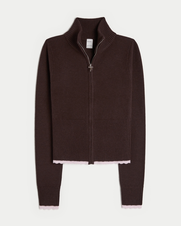 Gilly Hicks Scallop Hem Zip-Up Sweater, Espresso view 1