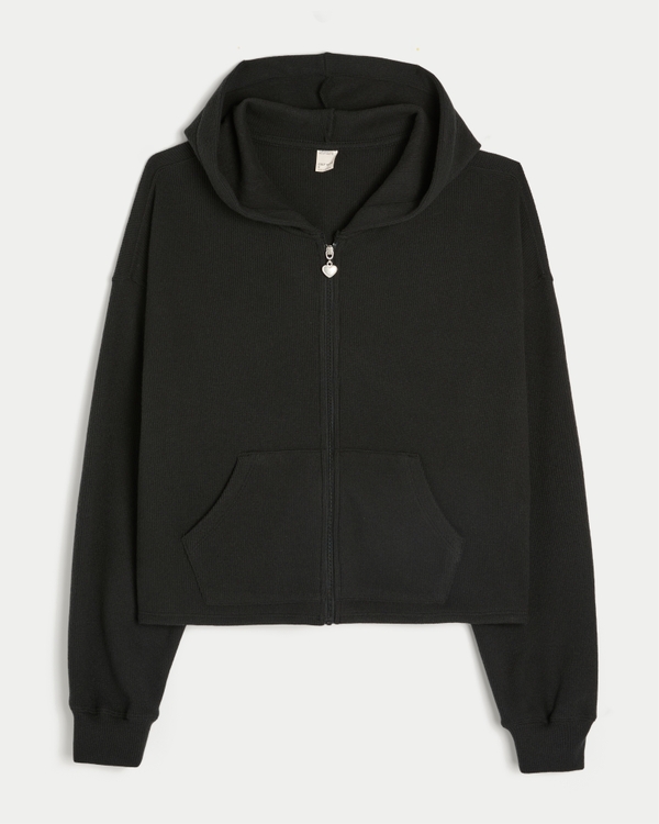 Gilly Hicks Relaxed Waffle Zip-Up Hoodie, Black view 1