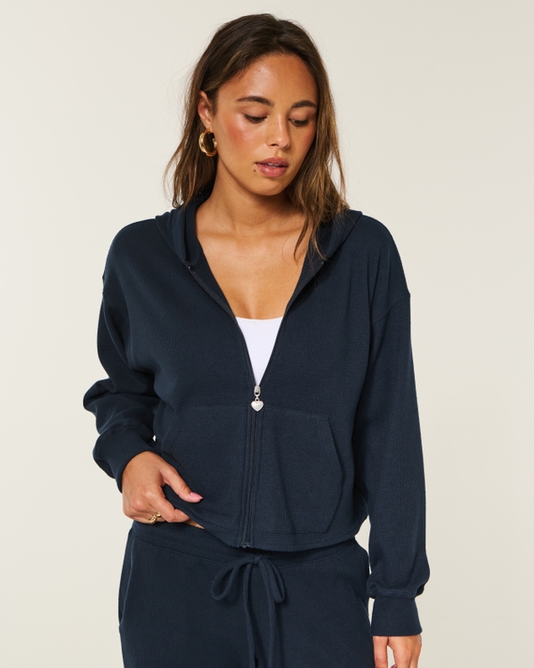 Relaxed Waffle Zip-Up Hoodie, Navy view 1