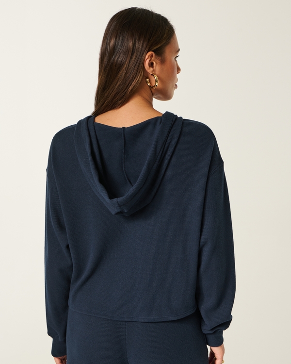 Relaxed Waffle Zip-Up Hoodie, Navy view 2