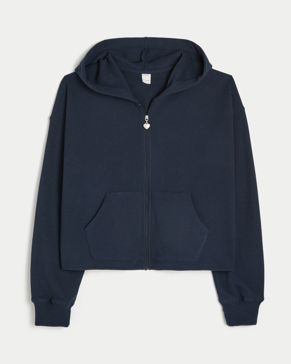 Relaxed Waffle Zip-Up Hoodie, Navy view 1